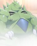  2023 3_fingers anthro areola barely_visible_genitalia barely_visible_penis belly big_belly big_pecs blue_body blue_skin bodily_fluids claws cute_fangs fingers generation_2_pokemon genitals green_areola green_body green_nipples green_skin hi_res looking_at_viewer male musclegut muscular muscular_male nintendo nipples o-ro overweight overweight_male pecs penis pokemon pokemon_(species) sauna sharp_teeth sitting solo steam sweat teeth tyranitar 
