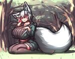  1girl absurdres animal_ear_fluff animal_ears black_thighhighs bow breasts feet floofsmear floral_background forest fox_ears fox_girl fox_tail grass green_jacket hair_between_eyes hand_on_own_chest hand_up highres huge_breasts jacket large_bow large_breasts looking_at_viewer nature naughty_face on_grass on_ground open_clothes open_jacket original red_eyes red_ribbon ribbon seiza sitting smile solo_focus tail thighhighs thighs tree waist_bow white_hair wide_hips zettai_ryouiki 