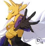  ain_artisto armor black_bodysuit bodysuit covered_eyes digimon digimon_(creature) digimon_card_game digimon_frontier digimon_tamers fox_mask gold_armor gold_mask highres mask purple_lips purple_sleeves sakuyamon yellow_armor yellow_mask yin_yang yin_yang_print 
