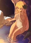  1girl areola_slip bangs blonde_hair blue_eyes breasts closed_mouth collarbone commission completely_nude covering highres horns large_breasts long_hair looking_down nude nude_cover onsen original sidelocks sitting snow soaking_feet solo suitshark tail towel very_long_hair water wet 