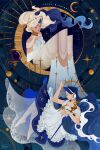  2girls barefoot blue_hair closed_eyes collar cookie_run cookie_run:_kingdom crescent dress elbow_gloves eyeshadow facial_mark flayyr forehead_mark full_body gloves hair_flowing_over halo hand_on_own_chest highres knees_up layered_dress makeup moon_behind_head moonlight_cookie multicolored_hair multiple_girls personification sea_fairy_cookie sitting smile staff teardrop_facial_mark tiara two-tone_hair white_dress white_gloves white_hair 