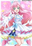  alternate_breast_size armpits ascot blue_background boots breasts cure_prism dress elbow_gloves frills glove_bow gloves gradient_background hanzou highres hirogaru_sky!_precure looking_at_viewer magical_girl medium_breasts nijigaoka_mashiro open_mouth pink_background pink_eyes pink_hair precure smile standing standing_on_one_leg starry_background white_dress white_gloves 