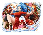  1girl blue_hair chinese_clothes dress high_ponytail lantern long_hair nefertari_vivi official_art one_piece one_piece_treasure_cruise open_mouth paper_lantern red_dress solo teeth upper_teeth_only 