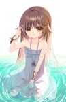  1girl bangs bare_arms bare_shoulders brown_eyes brown_hair collarbone commentary_request dress hair_between_eyes hair_ornament hairclip hand_up long_hair original parted_lips ripples shallow_water sitting solo squirrel_girl_(yuuhagi_(amaretto-no-natsu)) strapless strapless_dress very_long_hair wariza water white_background white_dress yuuhagi_(amaretto-no-natsu) 