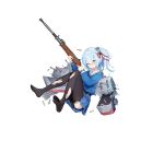  1girl artist_request autocannon black_pantyhose blue_eyes blue_hair blue_serafuku blue_shirt blue_skirt blush bofors_40_mm_gun cannon casing_ejection closed_mouth crotch_seam finger_on_trigger full_body gun gusset hair_between_eyes hair_ribbon highres holding holding_gun holding_weapon hugh_w._hadley_(warship_girls_r) long_sleeves looking_at_viewer m1_garand no_shoes official_art one_eye_closed panties panties_under_pantyhose pantyhose red_ribbon ribbon rifle rigging school_uniform serafuku shell_casing ship_turret shirt side_ponytail skirt solo torn_clothes torn_pantyhose transparent_background underwear warship_girls_r weapon 