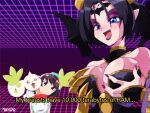  2girls bare_shoulders black_hair black_wings blue_eyes breasts cleavage demon_girl demon_horns demon_wings digimon digimon_(creature) digimon_story:_time_stranger dress english_text eyeshadow facial_mark forehead_mark goggles grabbing_own_breast green_dress head_tilt horns large_breasts lilithmon makeup meme_request mole mole_under_eye multiple_girls pointy_ears purple_eyeshadow red_scarf scarf short_hair supermondobeat terriermon terriermon_joshu two-tone_dress upper_body white_dress wings yuuki_kanan 