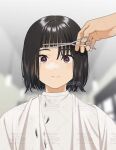  1girl 1other artist_name asymmetrical_bangs black_hair blurry blurry_background blush bob_cut brown_eyes cape closed_mouth commentary cutting_another's_hair cutting_hair depth_of_field detached_hair disembodied_hand eyelashes holding holding_scissors light_smile looking_at_viewer loose_hair_strand mattaku_mousuke nervous_smile original raised_eyebrows scissors short_hair signature smile straight-on watermark watermark_grid wet wet_hair white_cape wide-eyed 