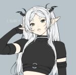  1girl artist_name black_gloves commentary cropped_shirt demon_wings earrings elbow_gloves elf english_commentary fingerless_gloves flat_color frieren gloves grey_background grey_eyes grey_lips hand_up head_wings jewelry long_hair looking_at_viewer parted_lips pointy_ears short_eyebrows simple_background solo sousou_no_frieren white_hair wings yiiande 