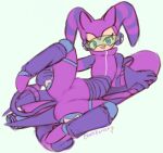 armwear blue_eyes bodysuit bumper_(sonic) cat_tail chaosferret clothing eyewear felid feline feline_ears female fool's_hat gloves green_visor handwear hat headgear headwear hi_res hoverboard humanoid jester leg_grab looking_at_viewer lying mammal nightmaren nights_(nights_into_dreams) nights_into_dreams not_furry on_side purple_clothing purple_gloves purple_handwear purple_outfit raised_leg sega sharp_teeth simple_background skinsuit smile solo sonic_riders sonic_the_hedgehog_(series) teeth tight_clothing visor