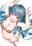  1girl animal_print arms_up bangs bikini blue_hair blush breasts brown_eyes cleavage electricity electrokinesis highres horns long_hair looking_at_viewer lum navel oni oni_horns open_mouth pointing pointing_up print_bikini print_footwear ryota_(ry_o_ta) sidelocks signature simple_background solo stomach strapless strapless_bikini swimsuit tiger_print urusei_yatsura white_background 