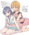  2girls :d adapted_costume bare_legs bikini bikini_skirt black_bikini black_sailor_collar blonde_hair blue_hair blue_skirt blush bow bowtie collarbone cosplay cure_black cure_black_(cosplay) cure_white cure_white_(cosplay) futari_wa_precure grey_eyes hands_on_another's_shoulders highres kneeling layered_skirt long_hair miniskirt misumi_nagisa multiple_girls pink_bow pink_bowtie pink_skirt precure sailor_bikini sailor_collar sasano-01 self_cosplay short_hair sketch skirt smile swimsuit white_background white_bikini white_bow white_bowtie white_sailor_collar yellow_eyes yukishiro_honoka 