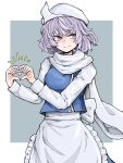  1girl apron bangs blue_vest border closed_mouth fe_(tetsu) grey_background heart heart_hands highres letty_whiterock light_purple_hair long_sleeves looking_at_viewer purple_eyes scarf smile solo touhou vest waist_apron white_apron white_border white_headwear white_scarf 