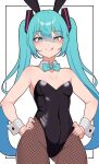  1girl :q absurdres alternate_costume animal_ears bare_shoulders black_leotard blue_bow blue_bowtie blue_eyes blue_hair blush bow bowtie breasts cleavage covered_navel cowboy_shot detached_collar fishnet_pantyhose fishnets groin hair_between_eyes hands_on_hips hatsune_miku highres hip_focus kumada_gaon leotard long_hair looking_at_viewer pantyhose rabbit_ears skin_tight small_breasts smile solo tongue tongue_out twintails very_long_hair vocaloid wrist_cuffs 
