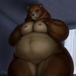  anthro areola arm_under_breasts bear belly belly_overhang big_breasts breasts brown_body brown_fur chubby_anthro chubby_female female from_front_position fur genitals growing growing_up hi_res hungry looking_down looking_surprised mammal meanybeany navel nude overweight pinup pose pussy solo thick_thighs touching_own_breast ursine wide_hips 