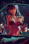  bikini blood blurry blurry_background breast_press car estereggz ground_vehicle hand_on_window highres long_hair mirror motor_vehicle signature spy_x_family swimsuit yor_briar 