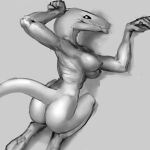  anthro big_butt breasts butt female hi_res kneeling lizard looking_at_viewer looking_back looking_back_at_viewer lying meandraco monochrome nipples on_front reptile scalie solo tail 