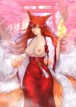  1girl animal_ears architecture artist_name bangs breasts cherry_blossoms clothing_request commission earrings east_asian_architecture fire fox_ears fox_girl fox_tail jacket jewelry kitsune large_breasts long_hair long_skirt magic multiple_tails nipple_piercing nipples open_clothes open_jacket original outdoors pagoda piercing red_hair red_skirt skirt sleepingsol solo stairs standing tail tree wide_sleeves 