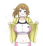  1girl aresta_(nourawaza) bike_shorts blue_eyes blush breasts brown_hair collarbone commentary_request cowboy_shot groin gundam gundam_build_fighters gundam_build_fighters_try highres hood hood_down hooded_jacket hoshino_fumina jacket large_breasts looking_at_viewer medium_hair midriff navel open_clothes open_jacket open_mouth partial_commentary pink_shorts pink_sports_bra ponytail shorts sidelocks simple_background solo sports_bra standing steaming_body sweat two-tone_sports_bra white_background white_shorts white_sports_bra yellow_jacket 