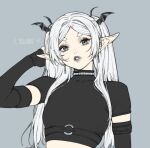  1girl artist_name black_gloves commentary cropped_shirt demon_wings earrings elbow_gloves elf english_commentary eyeshadow fingerless_gloves flat_color frieren gloves goth_fashion grey_background grey_eyes grey_eyeshadow grey_lips hand_up head_wings jewelry long_hair looking_at_viewer makeup parted_lips pointy_ears short_eyebrows simple_background solo sousou_no_frieren white_hair wings yiiande 