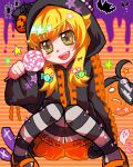  1girl animal_hood araragi_koyomi arm_at_side beads ben-day_dots black_jacket black_pantyhose blonde_hair bloomers blush_stickers bow bug candy candy_hair_ornament cat_hood dot_nose fang food food-themed_hair_ornament frilled_jacket frills full_body ghost hair_between_eyes hair_bow hair_flaps hair_ornament halloween halloween_costume hand_up happy head_tilt highres holding holding_candy holding_food holding_lollipop hood hood_up hooded_jacket horizontal-striped_background jack-o'-lantern jacket jitome knees_together_feet_apart lollipop long_hair long_sleeves mary_janes mnk_udon monogatari_(series) noodles open_mouth orange_background orange_bloomers orange_shoes oshino_shinobu pantyhose pink_bow puffy_long_sleeves puffy_sleeves pumpkin_hair_ornament screentones shadow shoes solo sparkling_eyes spider spider_web_hair_ornament splatter squatting star_(symbol) star_symbol_background starry_hair straight-on striped_clothes striped_pantyhose swept_bangs swirl_lollipop tombstone twitter_username two-tone_background vertical-striped_clothes vertical-striped_pantyhose white_pantyhose wrapped_candy yellow_background yellow_eyes 