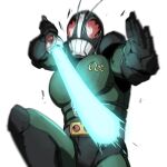  1boy antennae armor belt energy_sword highres holding holding_sword holding_weapon jumping kamen_rider kamen_rider_black_rx kamen_rider_black_rx_(series) naitsupic red_eyes revolcane rider_belt simple_background sword weapon white_background 