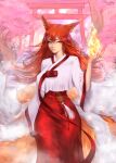  1girl animal_ears architecture artist_name cherry_blossoms clothing_request commission earrings east_asian_architecture fire fox_ears fox_girl fox_tail hair_between_eyes jewelry kitsune long_hair long_skirt magic multiple_tails orange_eyes original outdoors pagoda red_hair red_ribbon red_skirt ribbon skirt sleepingsol slit solo standing tail tree wide_sleeves 