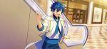  1boy bangs blue_hair blue_pants bow bowtie buttons checkered_floor collared_shirt ensemble_stars! escalator hair_between_eyes happy_elements jacket lapels long_sleeves loose_necktie male_focus necktie official_art open_clothes open_jacket open_mouth pants sazanami_jun shirt short_hair solo teeth third-party_source upper_body upper_teeth_only white_shirt yellow_eyes 