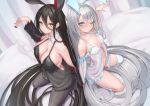  2girls absurdly_long_hair absurdres animal_ears babydoll back-to-back bed_sheet black_babydoll black_hair blue_nails breasts closed_mouth collarbone detached_collar fake_animal_ears frills from_above grey_eyes grey_hair hand_up highres kneeling large_breasts long_hair looking_at_viewer multiple_girls one_eye_closed original pantyhose pillow rabbit_ears red_nails reinama romaji_commentary small_breasts thighs underwear underwear_only very_long_hair white_babydoll yellow_eyes 