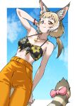  1girl absurdres alternate_costume animal_ear_fluff animal_ears arm_behind_head bangs bare_arms bare_shoulders blonde_hair blue_sky blunt_bangs bow breasts brown_eyes cloud commentary extra_ears floral_print highres jewelry jungle_cat_(kemono_friends) kemono_friends light_brown_hair long_hair looking_at_viewer low_twintails medium_breasts multicolored_hair orange_pants pants pendant pink_bow raised_eyebrow sky solo tail tail_bow tail_ornament tanabe_(fueisei) thigh_gap twintails white_hair 