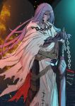  1boy absurdres azrael_(grand_assassin)_(fate) black_eyes cape chain closed_mouth commentary_request dark-skinned_male dark_skin fate/grand_order fate_(series) hair_between_eyes highres holding holding_sword holding_weapon long_hair male_focus notonaon purple_hair solo sword torn_cape torn_clothes very_long_hair weapon white_cape 