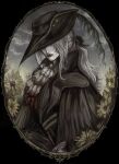  1girl ascot black_coat black_hat blood blood_on_clothes bloodborne closed_mouth coat covered_eyes flower hashtag-only_commentary hat hat_feather highres lady_maria_of_the_astral_clocktower layered_ascot long_hair low_ponytail pale_skin ponytail portrait_(object) qwt00tt solo sunflower tricorne white_ascot 