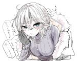  1girl anastasia_(idolmaster) black_gloves blue_eyes brown_jacket commentary_request cropped_torso earrings fur-trimmed_jacket fur_trim gloves grey_hair grey_sweater hair_between_eyes hand_to_own_mouth hand_up highres idolmaster idolmaster_cinderella_girls jacket jewelry kawamochi_(kawauti919) long_sleeves looking_at_viewer parted_lips ribbed_sweater simple_background sketch solo sparkle sweater turtleneck turtleneck_sweater upper_body white_background 