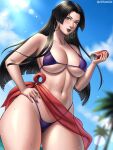 1girl bikini black_hair breasts drink hellraaisin highres holding holding_drink jewelry large_breasts long_hair looking_at_viewer marvel marvel_rivals psylocke purple_bikini purple_eyes sash solo swimsuit 