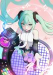  1girl absurdres aqua_eyes aqua_hair bass_clef black_sleeves breasts chinese_commentary commentary_request detached_sleeves from_below full_body hair_between_eyes hatsune_miku hatsune_miku_(append) highres long_hair long_sleeves looking_at_viewer medium_breasts musical_note navel shixinjintianmoyulema signature solo standing toeless_legwear toes treble_clef twintails very_long_hair vocaloid vocaloid_append 