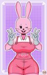  anthro beady_eyes big_breasts black_eyes breasts buckteeth clothed clothing eyelashes female fur gesture gloves gravity_breaker handwear hi_res lagomorph leporid mammal open_mouth open_smile overalls pink_body pink_fur pink_overalls purple_background rabbit shirt simple_background smile solo teeth thick_thighs topwear v_sign whiskers white_clothing white_gloves white_handwear white_shirt white_topwear wide_hips widget wow!_wow!_wubbzy! 