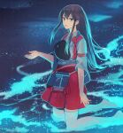  1girl akagi_(kancolle) bangs bioluminescence blue_eyes brown_hair flight_deck hakama hakama_short_skirt hakama_skirt highres japanese_clothes kantai_collection kasumi_(skchkko) kneeling light_particles long_hair muneate parted_lips partially_submerged red_hakama sidelocks skirt solo tasuki thighhighs water white_thighhighs 