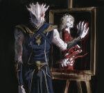  1boy 1girl baldur&#039;s_gate baldur&#039;s_gate_3 black_background black_sclera blonde_hair blood blood_on_face brother_and_sister colored_sclera colored_skin cowboy_shot dragon_boy dragonborn_(d&amp;d) dungeons_&amp;_dragons furry furry_male highres long_hair looking_at_viewer one_eye_closed orin_the_red painting_(object) r4znehwewnh6u09 red_eyes siblings smeared_blood standing the_dark_urge_(baldur&#039;s_gate) white_skin 