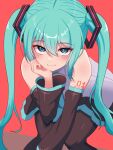  1girl :3 absurdres aqua_eyes aqua_hair bangs bare_shoulders black_thighhighs blush detached_sleeves hatsune_miku highres kumada_gaon long_hair long_sleeves looking_at_viewer pleated_skirt sanpaku skirt smile solo thighhighs vocaloid wide_sleeves 