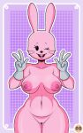  anthro areola beady_eyes big_breasts black_eyes breasts buckteeth clothing eyelashes female fur genitals gesture gloves gravity_breaker handwear hi_res lagomorph leporid mammal navel nipples nude open_mouth open_smile pink_areola pink_body pink_fur pink_nipples purple_background pussy rabbit simple_background smile solo teeth thick_thighs v_sign whiskers white_clothing white_gloves white_handwear wide_hips widget wow!_wow!_wubbzy! 