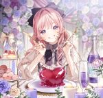  1girl black_bow blue_flower blue_rose booota bottle bow cake cake_slice champagne_flute commentary cup drinking_glass flower food fork grin hair_bow hair_intakes hands_up head_tilt heart highres holding holding_fork holding_knife knife long_hair long_sleeves macaron original pink_hair plate puffy_long_sleeves puffy_sleeves purple_eyes purple_flower purple_rose rose shirt smile solo symbol-only_commentary tiered_tray white_bow white_flower white_rose white_shirt 