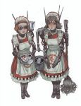  2girls adeptus_mechanicus apron black_hair blue_eyes broom brown_hair dress freckles head-mounted_display highres looking_at_viewer maid maid_apron maid_headdress mechanical_arms medium_hair mossacannibalis multiple_girls original parted_lips prosthesis prosthetic_arm red_dress short_hair simple_background standing white_background 