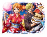  1boy 1girl blonde_hair cotton_candy food japanese_clothes kimono lantern nami_(one_piece) official_art one_piece one_piece_treasure_cruise open_mouth orange_hair paper_lantern sanji_(one_piece) teeth 