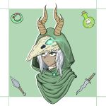  1girl absurdres alxen animal_skull bandages braid chinese_commentary cloak commentary_request dagger dark-skinned_female dark_skin glowing glowing_eye green_background green_cloak green_eyes highres knife simple_background skull_and_crossbones skull_on_head slay_the_spire snake solo the_silent_(slay_the_spire) weapon white_hair 