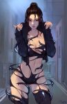  1girl artist_name black_jacket black_thighhighs breasts brown_eyes brown_hair cleavage commission demon hair_between_eyes hands_up jacket large_breasts long_hair looking_at_viewer open_clothes open_jacket original outdoors ponytail possessed scar scar_on_face scar_on_leg scar_on_neck scar_on_stomach shiny_clothes sleepingsol solo standing symbiote tentacles thighhighs 