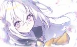  1girl azusa_(blue_archive) blue_archive commentary flower hair_between_eyes long_hair looking_at_viewer necktie purple_eyes reizouko shirt white_background white_hair white_shirt yellow_necktie 