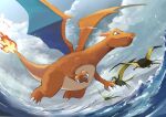  absurdres blue_eyes charizard claws closed_mouth cloud commentary_request day fang fang_out fire flame flame-tipped_tail flying from_below highres kilowattrel momota_pix no_humans outdoors pokemon pokemon_(creature) sky smile water 
