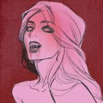  1girl baldur&#039;s_gate baldur&#039;s_gate_3 blank_eyes blood blood_on_face collarbone dungeons_&amp;_dragons eyeshadow facing_viewer fangs highres kong_wu_shanye long_hair makeup monochrome open_mouth orin_the_red portrait red_theme simple_background solo 