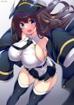  1girl :d azur_lane black_necktie black_thighhighs blue_eyes breasts brown_hair button_gap cleavage commentary_request cosplay enterprise_(azur_lane) enterprise_(azur_lane)_(cosplay) hat highres kamishiro_(rsg10679) large_breasts long_hair long_island_(azur_lane) looking_at_viewer necktie open_mouth sleeves_past_fingers sleeves_past_wrists smile solo thighhighs thighs twitter_username 