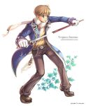  1boy 2000 2002 4leaf archived_source artist_name belt black_belt blue_coat blue_eyes blue_sleeves brown_hair brown_pants brown_shoes chain character_name closed_mouth coat commentary_request company_name copyright_notice dated dated_commentary dress_pants english_commentary english_text fighting_stance full_body fur_scarf gloves holding holding_sheath holding_sword holding_weapon lapels legs_apart long_sleeves male_focus nexon notched_lapels official_art open_clothes open_coat pants photoshop_(medium) scarf sheath shirt shoes short_hair silver_chain sleeve_cuffs smile softmax solo sword tales_weaver tiv two-sided_coat two-sided_fabric unbuttoned unsheathing weapon white_gloves white_scarf yellow_shirt yevgnen_jinneman 