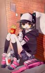  1girl animal_ears animal_hat baseball_cap black_hair black_socks brick_wall cat_ears cat_hat collared_shirt cup denonbu eating fake_animal_ears fanny_pack food french_fries hat highres hood hoodie kawaizumi_pome kurogane_tama long_sleeves looking_at_viewer on_floor open_mouth outdoors pleated_skirt shirt shoes short_hair sitting skirt smile socks solo white_shirt yellow_eyes 